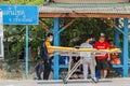 Chiang Mai/Thailand-April14,2020:Rescuers are assisting those injured in a motorcycle crash at an intersection and have urgently