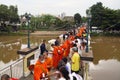 CHIANG MAI THAILAND â 14 AUGUST 2023 : Many people of Buddhists to monks at Chansom Bridge in Chiang-Mai, Thailand.