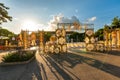 CHIANG MAI, THAILAND - 3.11.2019: Chiang Mai city hall with statue of three kings during beautiful and magic sunset. Ancient