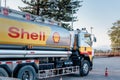 Chiang Mai, Thailand - Dec 15, 2020: Shell Gas Station and Trailer Truck During Sunset. Royal Dutch Shell Oil and Gas Industry