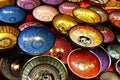 Chiang Mai, Thailand - December 2, 2017: Painted colorful wooden plates with traditional Thai design.