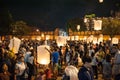 Chiang Mai, Thailand - December 31, 2017: People in crowds are launching sky lanterns, flying lanterns, floating lanterns, hot-air Royalty Free Stock Photo