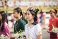 CHIANG MAI, THAILAND - FEBRUARY 08, 2020: Young men and women dressed in traditional clothe in the 44th flower festival parade in