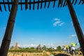 CHIANG MAI, THAILAND - January 1, 2022 : Bamboo building with flower garden in Chiangmai province