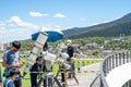 Chiang Mai, Thailand - June 21, 2020 : Partial solar eclipse, People viewing a solar eclipse for staff setting telescope at Royalty Free Stock Photo