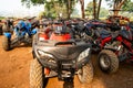 Chiang Mai/Thailand - March 14, 2019: A fleet of ATV quad bikes parking after the racing finished. Royalty Free Stock Photo