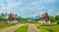 Panorama of Rajapruek park with installation of golden shower tree, Chiang Mai, Thailand