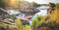 CHIANG MAI, THAILAND - MAY 12 2018 :Top view. Group of people with guide white water rafting and rowing on river, extreme and fun