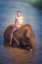 Chiang Mai, Thailand-May 13,2018: Young Asian Woman wearing Lanna traditional style costume with elephant in Chiang Mai, Thailand. Royalty Free Stock Photo