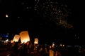 Chiang mai, Thailand- November 23, 2018:People releasing floating lanterns in the Loi Krathong festival Royalty Free Stock Photo