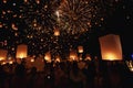 Chiang Mai - Thailand November 27, 2023 : Tourists happily celebrate releasing lanterns at the Loi Krathong Yi Peng Lantern