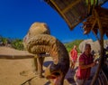 CHIANG RAI, THAILAND - FEBRUARY 01, 2018: Amazing view of unidentified people close to a huge elephants, having a great