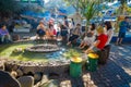 CHIANG RAI, THAILAND - FEBRUARY 01, 2018: Outdoor view of unidentified people washing and foot soak onsen, the tourist