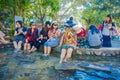 CHIANG RAI, THAILAND - FEBRUARY 01, 2018: Outdoor view of unidentified people washing and foot soak onsen, the tourist