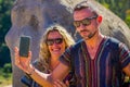 CHIANG RAI, THAILAND - FEBRUARY 01, 2018: Unidentified couple taking a selfie with a huge elephant in Jungle Sanctuary Royalty Free Stock Photo