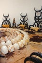 Chiang Rai, Thailand - November 2017: Horns and conch shells inside exhibition room. Black Temple, Baandam Museum of Art