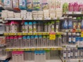 CHIANG RAI, THAILAND - SEPTEMBER 3 : bottles and styrofoam dinnerwares on supermarket shelf on September 3, 2020 in Chiang Rai, Royalty Free Stock Photo