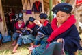 Unidentified female Mien hilltribe embroider pattern colored thread at Doi Mae Salong