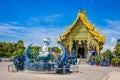 Wat Rong Sua Ten temple with blue sky background, Chiang Rai Province, Thailand on setember 23, 2018 It`s a popular destination an