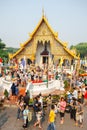 CHIANGMAI, THAILAND - APRIL 13: People pouring water to Buddha Phra Singh at Phra Singh temple in Songkran festival on April 13