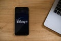 CHIANGMAI, THAILAND - AUG 24, 2019 : Smartphone with disney plus logo on screen. Disney+ is an online video streaming subscription