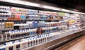 CHIANGMAI,THAILAND - January 3,2024 -Variety of Drinking milk,soy milk,yogurt and healthy drink on Freezer shelves at supermarket