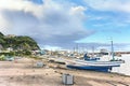 Fishing boats moored on the port of the Kanaya village at foot of the Mount Nokogiri. Royalty Free Stock Photo