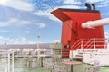 Large orange chimney and roof-deck with tables and chairs on the kanayamaru ferry. Royalty Free Stock Photo