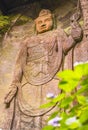 Low angle on the hyaku-shaku kannon buddha of Mount Nokogiri with a purple hydrangeas flower.