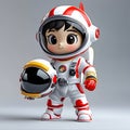 Chibi Astronaut Child Holding Space Helmet on Clean White Studio Background in Blender Render