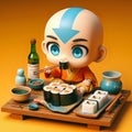 chibi avatar aang eating sushi, cute, funny, colorful