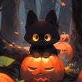 Chibi black cat in pumpkin patch