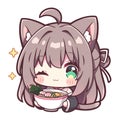 Chibi catgirl eating ramen with playful wink. Royalty Free Stock Photo