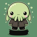 Chibi Cute Isolated Cartoon Cthulhu Wearing a Fancy Business Jacket on a Pedestal. Vector Art