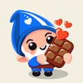 A chibi gnome blue holding a chocolate valentines day.