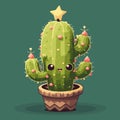 Chibi Smiling Cartoon Christmas Tree Cactus with Fruit Decorations and a Star. Vector