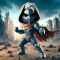 Chibi superhero wearing mask and red hood in combative stance