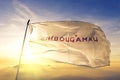 Chibougamau of Quebec of Canada flag waving on the top sunrise mist fog Royalty Free Stock Photo