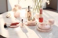 Chic Arrangement: Beauty Products, Pearls, and Nail Polishes on Marble