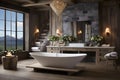A chic bathroom with a big window, freestanding tub and stylish fixtures