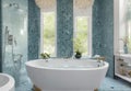 A chic bathroom with a freestanding bathtub, mosaic tiles, and a rainfall shower