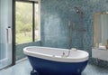 A chic bathroom with a freestanding bathtub, mosaic tiles, and a rainfall shower,