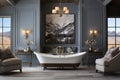 A chic bathroom in grey colors design highlighted by a freestanding tub, marble elements and luxurious fixtures