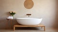 Chic bathroom interior with bathtub and beige concrete wall, kinfolk style inspiration