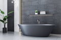 Chic bathroom interior with tiled wall, freestanding bathtub, and plants. 3D Rendering