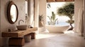 Chic bathroom with interior design, bathtub, vintage finishes, wicker chair, fluffy rug and green indoor plants in flower pots