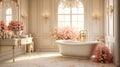 Chic bathroom with interior design, bathtub, vintage finishes, wicker chair, fluffy rug and green indoor plants in flower pots