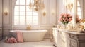 Chic bathroom with interior design, bathtub, vintage finishes, wicker chair, fluffy rug and green indoor plants in flower pots