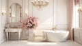 Chic bathroom with interior design, bathtub, vintage finishes, wicker chair, fluffy rug and green indoor plants in flower pots