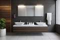 Chic Bathroom Interior: Gray and Brown Walls, Black Countertop, Mirror, Plants, and Parquet Floor.
